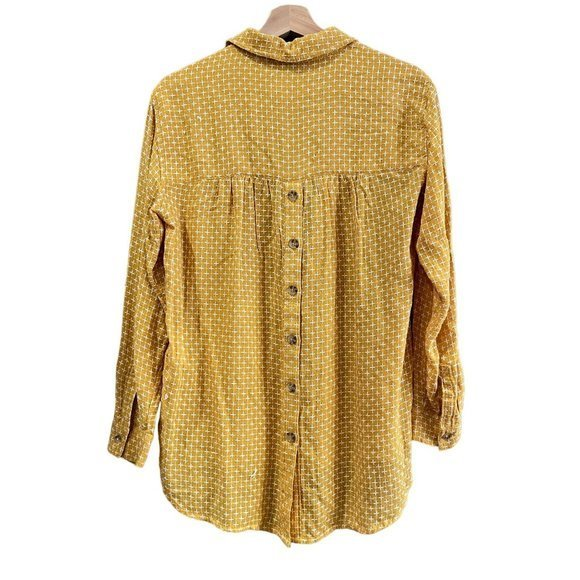 Anthropologie Tops - By Anthropologie Mustard Embroidered Stitch Back Button High Low L/S Shirt Small
